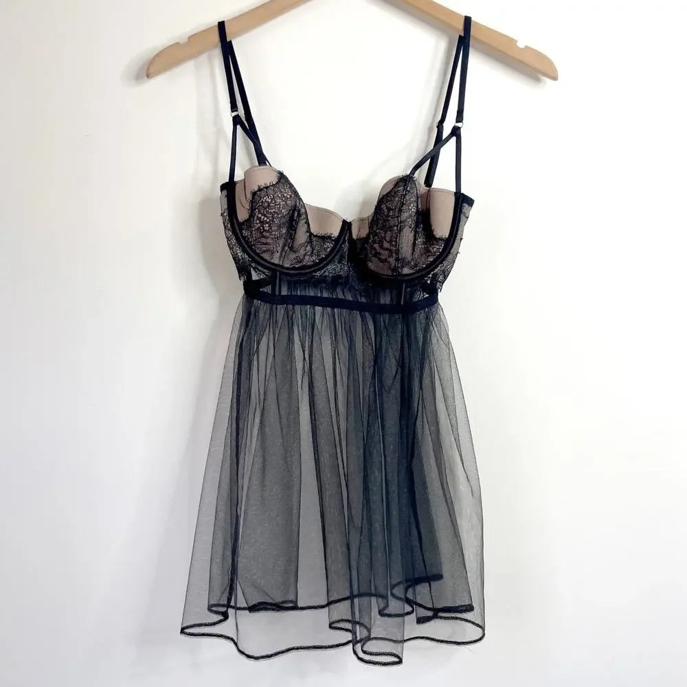 Victorias Secret Y2K Lace Babydoll Slip Dress 34C Sheer Mesh Bustier Top Vampy